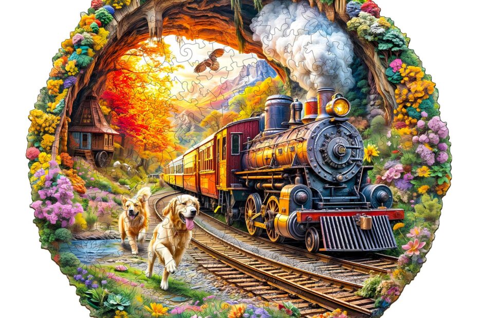 Wooden Jigsaw Puzzle – dogs Chasing Train