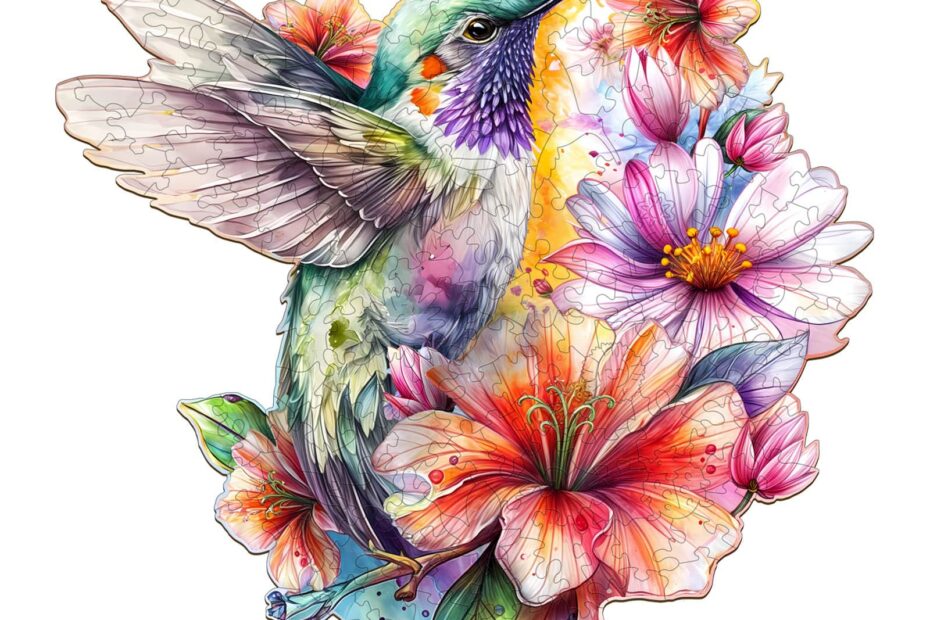 Wooden Jigsaw Puzzle-Hummingbirds in Flowers
