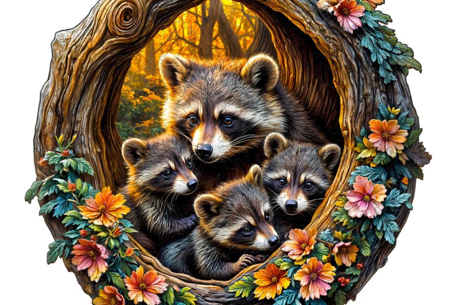Wooden Jigsaw Puzzle – family of raccoons