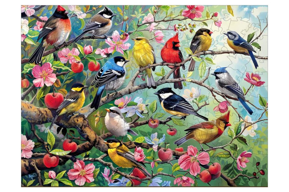 Wooden Jigsaw Puzzle-Birds in the Orchard